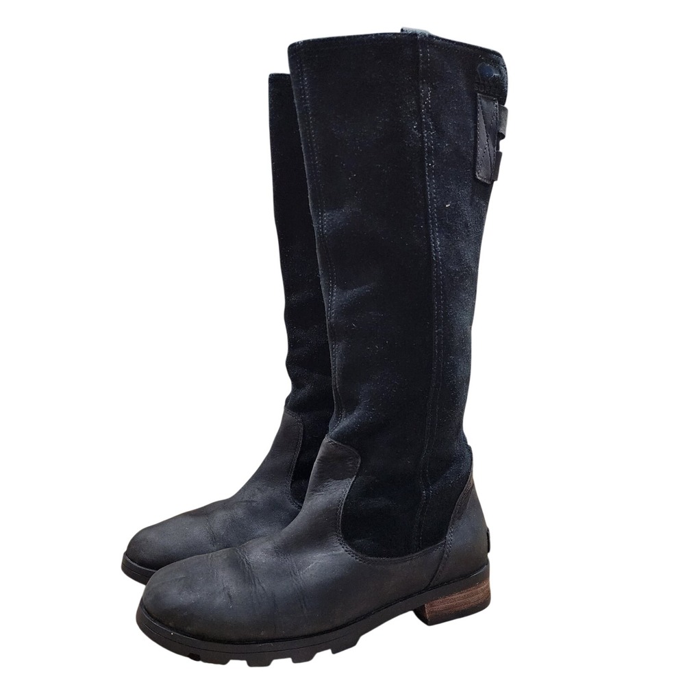 Women's 6.5 M SOREL Emelie NL2740-011 Tall Suede Black Leather Riding Boots Knee